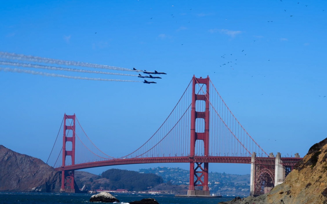 Jets tracing the sky above the Golden Gate Bridge